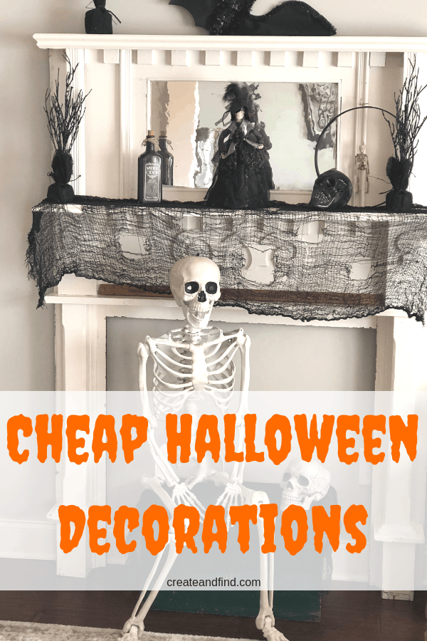 Pinterest graphic with text that reads \"Cheap Halloween Decorations\" with a picture of a skeleton sitting in front of a Halloween decorated fireplace.