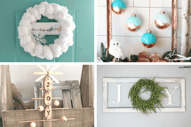 Collage of Christmas decorations including a white wreath and blue and gold ornaments.
