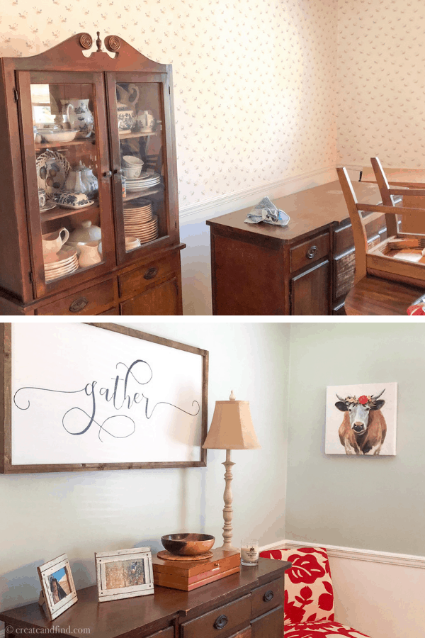 Before and after picture of a dining room with painted wallpaper