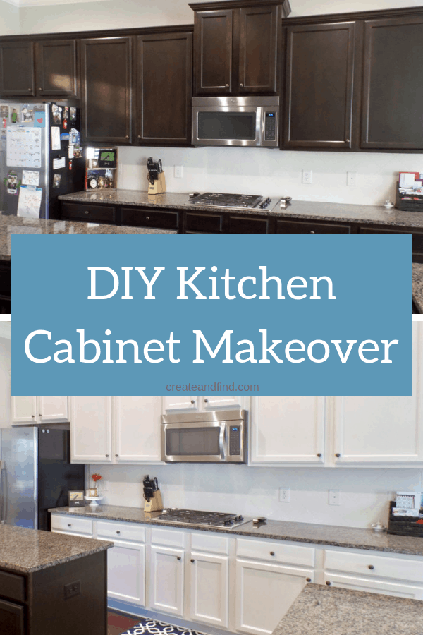 Pinterest graphic with text that reads \"DIY Kitchen Cabinet Makeover\" and the before and after of kitchen cabinets painted white.