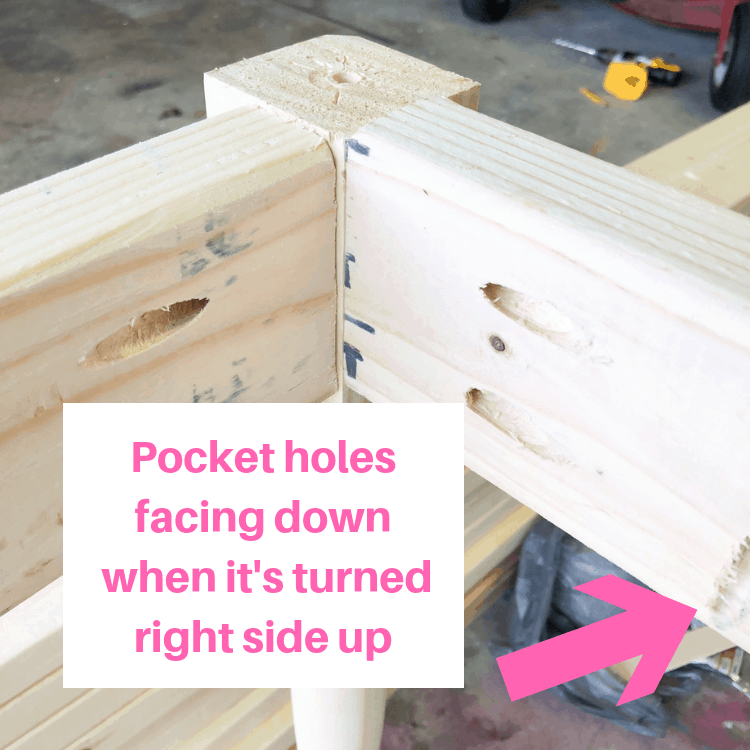 Pocket holes in the inside of the frame of a table with text over lay that reads \"Pocket holes facing down when it\'s turned right side up\".