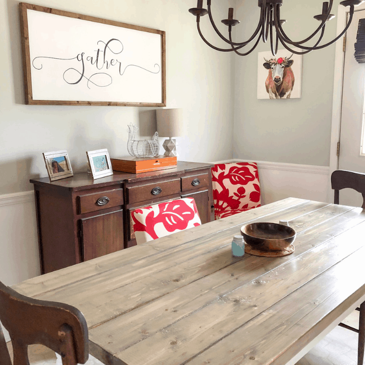 Angled shot of a dining table with red and white chairs.