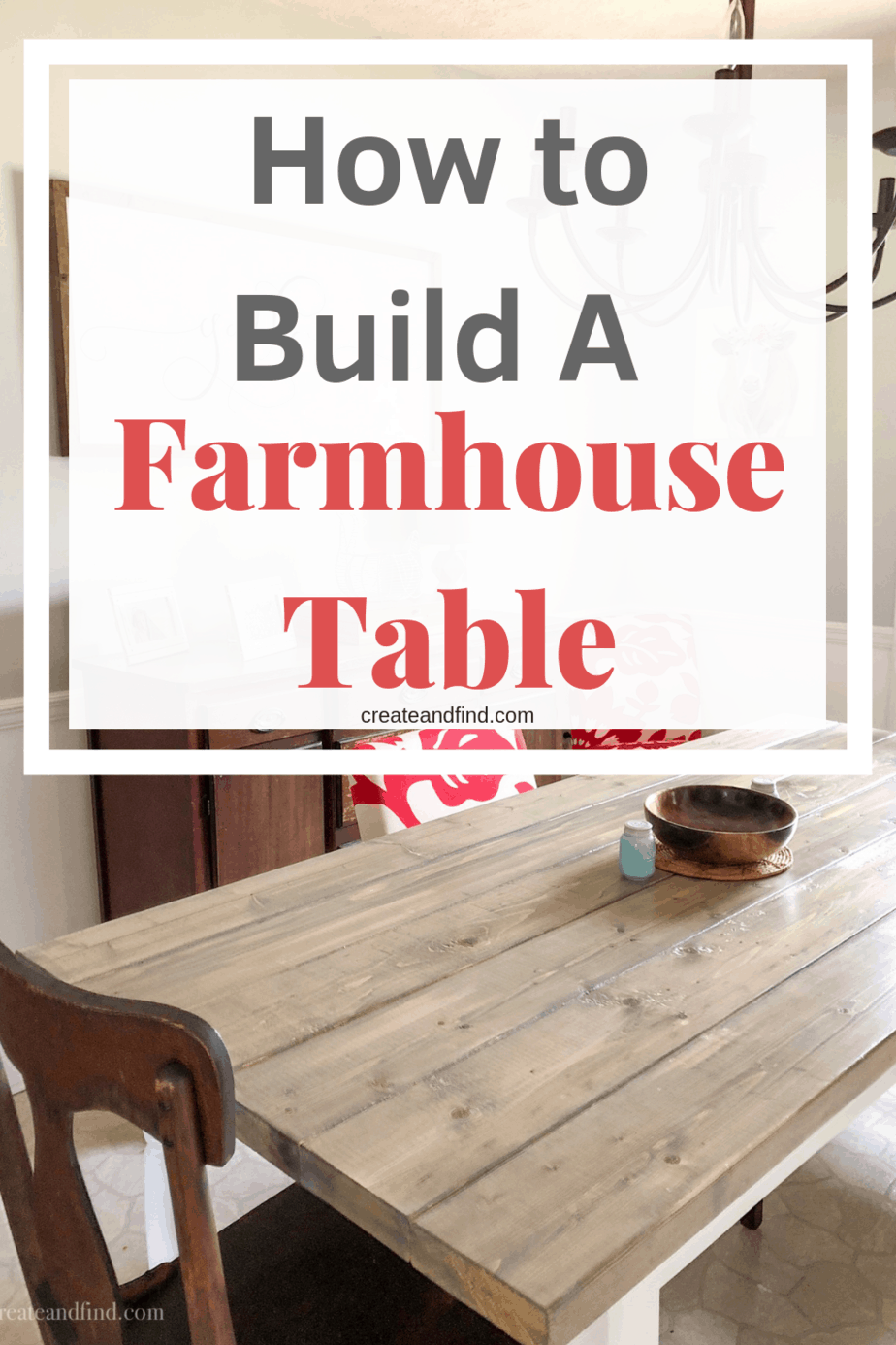 Pinterest graphic with text that reads \"How to Build a Farmhouse Table\" over a picture of a wood table.