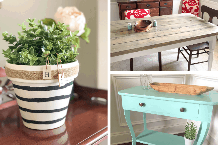 Collage of DIY projects, including a dining table, side table, and potted plant.