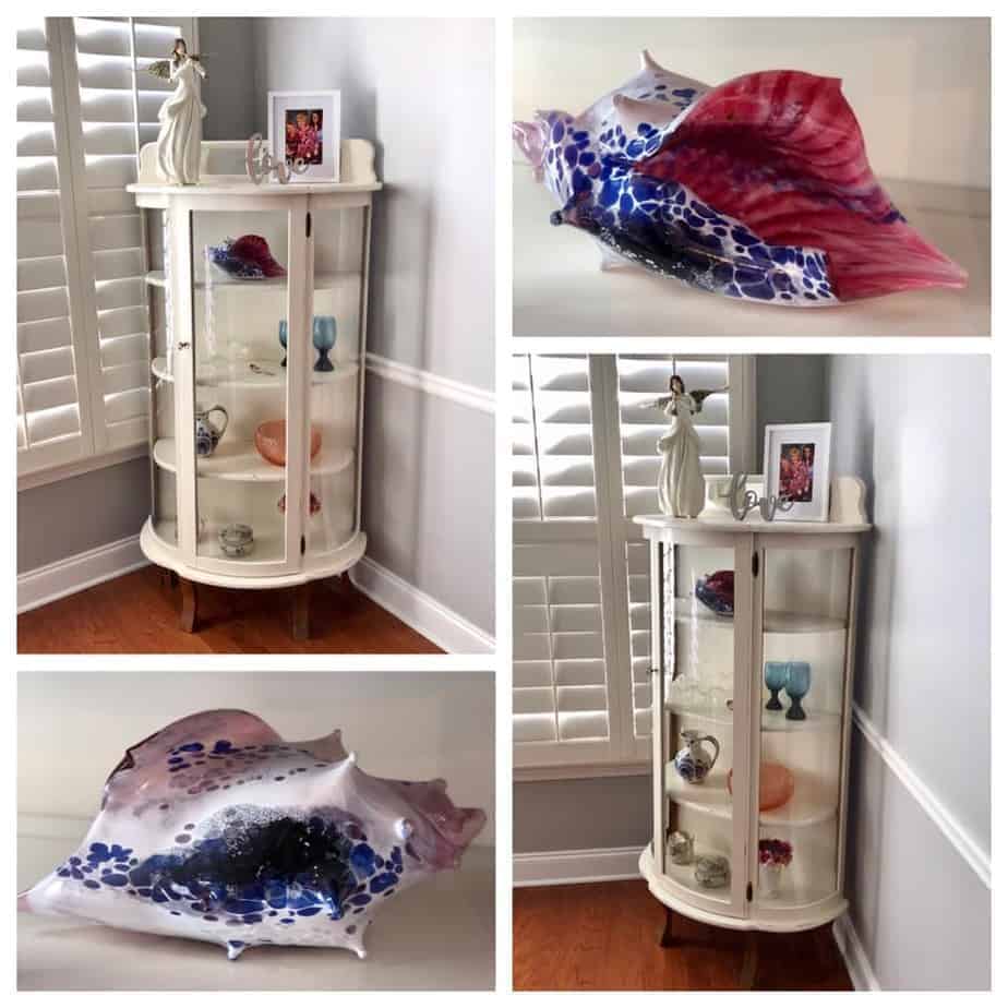 An image collage with a white curio cabinet filled with décor pieces and shells.