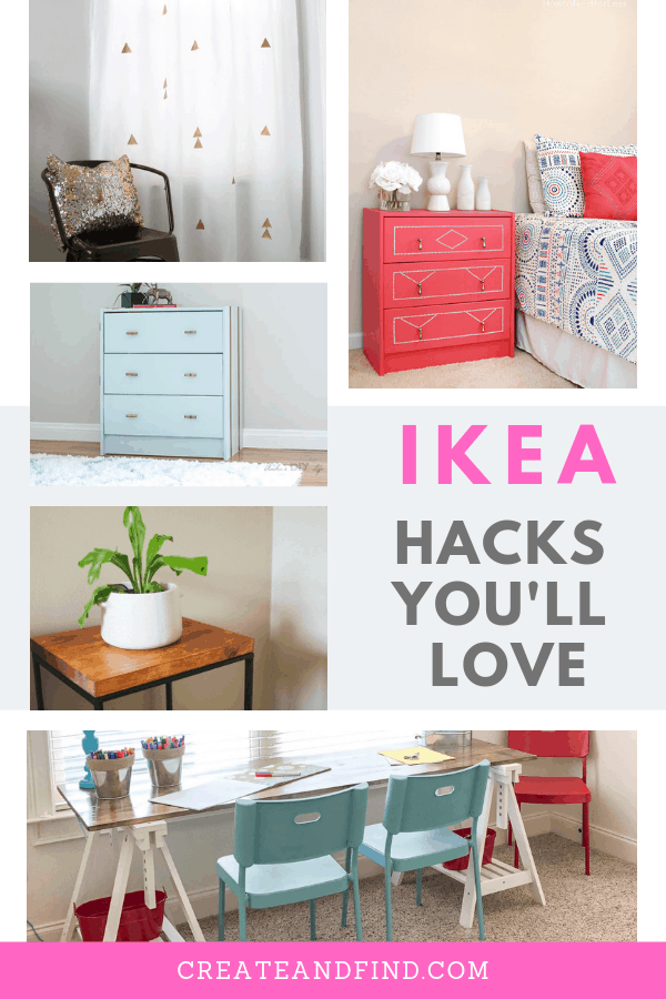 Pinterest graphic with text that reads \"Ikea Hacks You\'ll Love\" and a collage of Ikea furniture hacks.