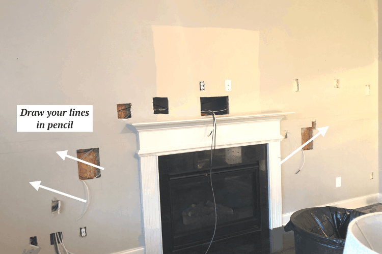 Image graphic showing the steps to creating a DIY board and batten accent wall around a living room fireplace.