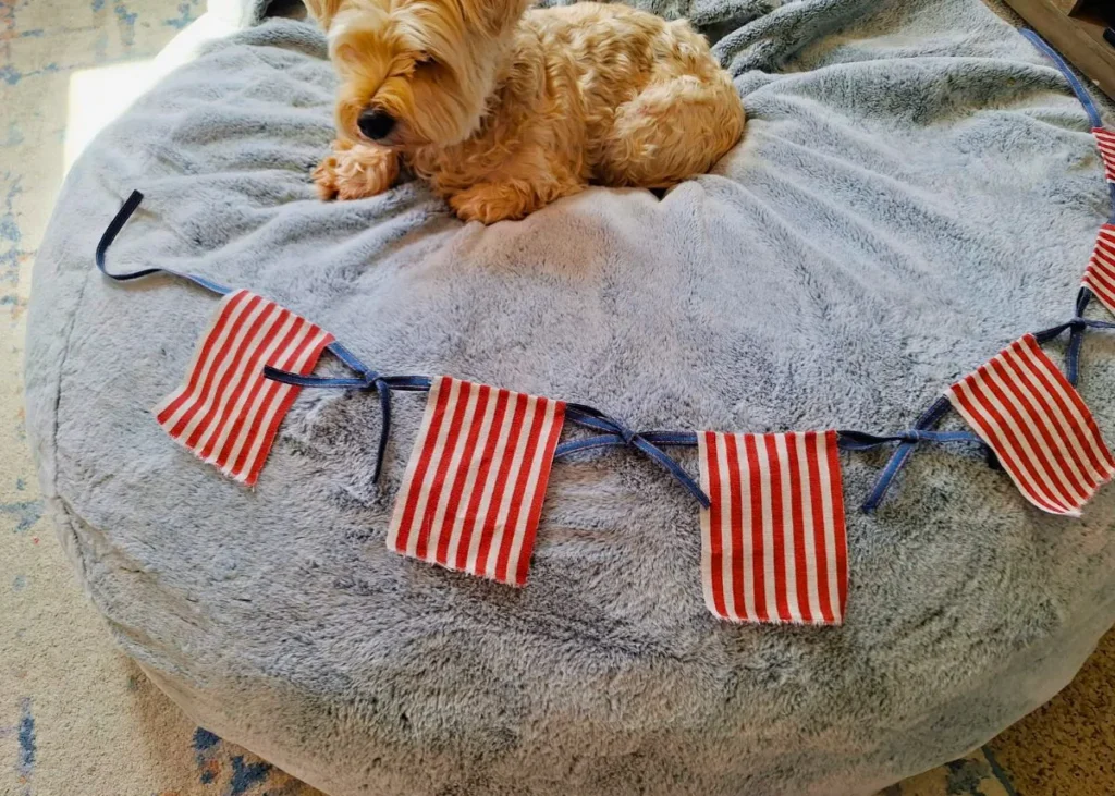 A patriotic bunting banner with red and white striped rectangles and blue denim bows.