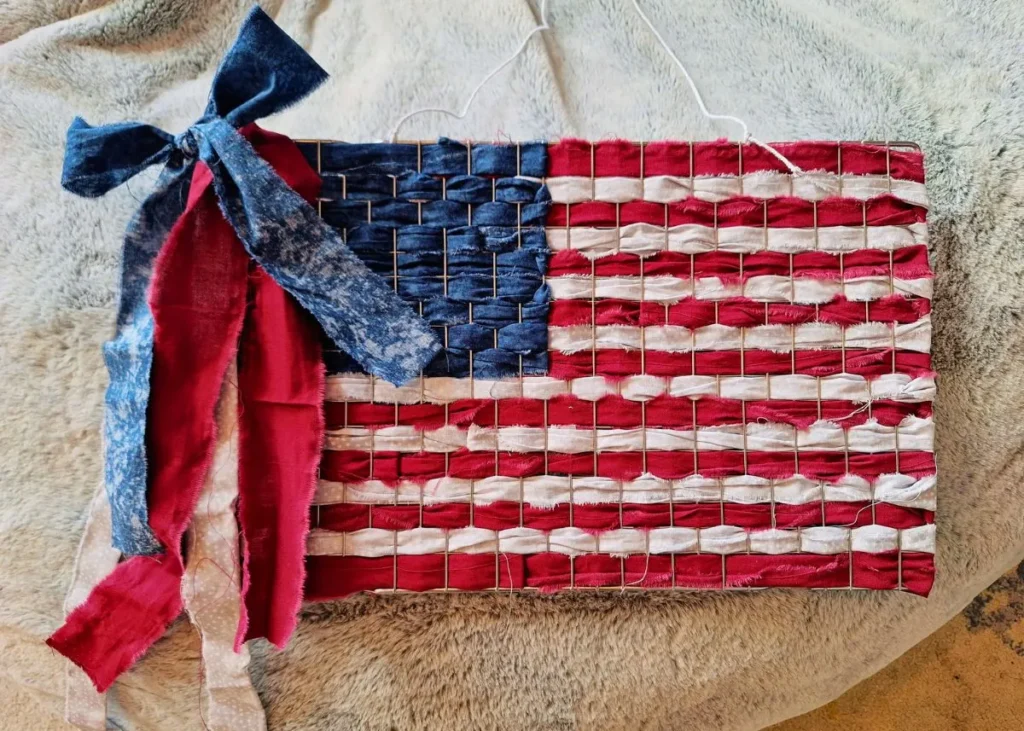 A cooling rack American flag craft using red, white, and blue scrap fabric.