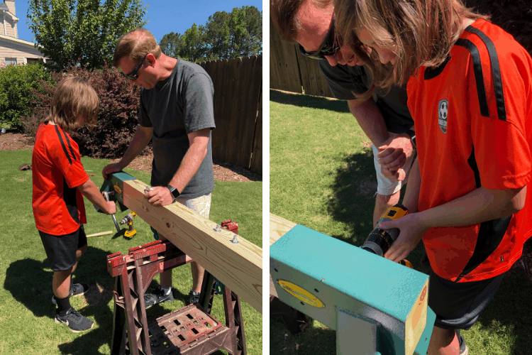 2 pictures showing people building a swing set