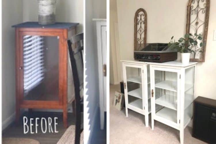 An image collage showing the before and after of dark wood cabinets painted white.