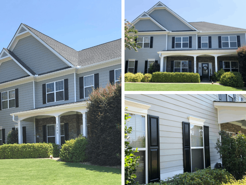 House exterior painted with Sherwin Williams Ellie Gray color - views from different angles