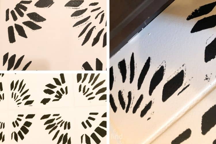 Image collage showing mistakes made when painting a black stencil design on white bathroom floor tiles.