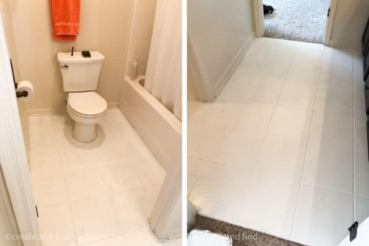 Collage of 2 pictures showing how to paint a base coat on a tile floor