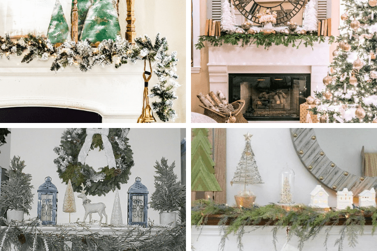 Collage of 4 pictures of christmas mantel ideas