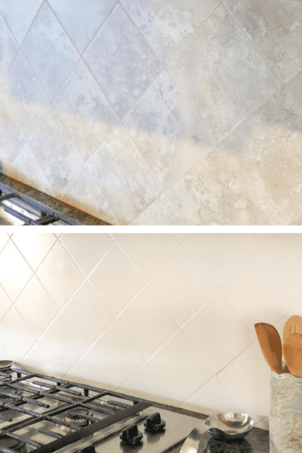 Before and after picture of a painted tile backsplash