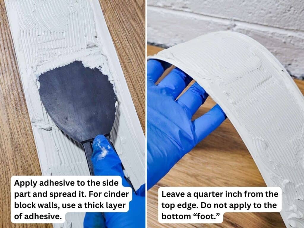 2 pictures showing how much adhesive to apply to vinyl wall base to stick onto cinder block walls.