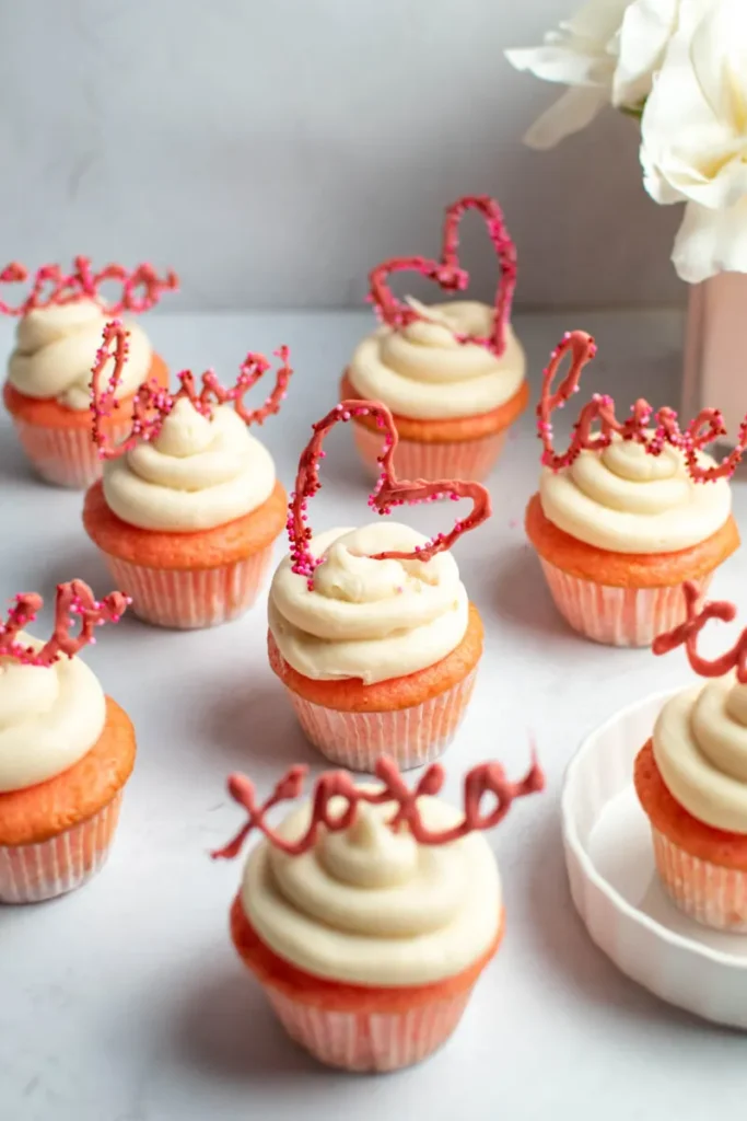 DIY Valentine's Day cupcakes with toppers and white frosting.
