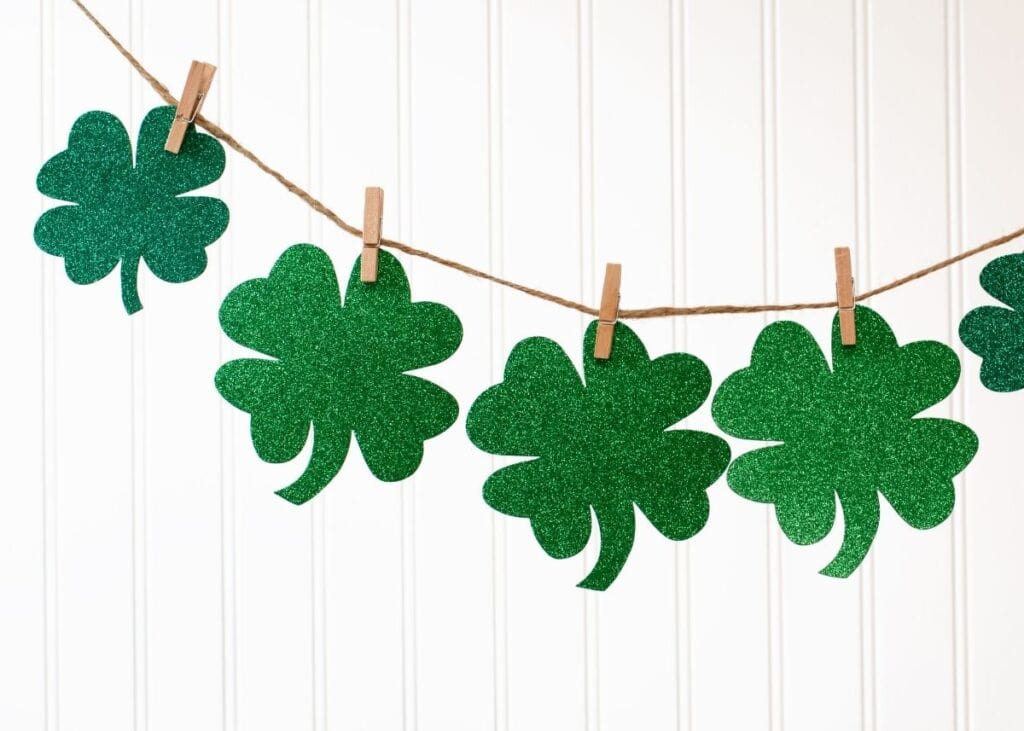 St. Patrick's Day shamrock garland with clothespins.