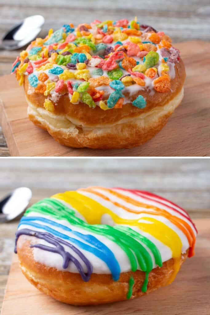 Image collage showing two donuts, one decorated with rainbow icing and the other decorated with Fruity Pebbles cereal.