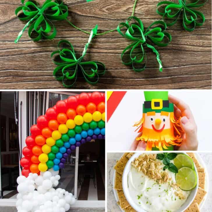 Collage of St. Patrick's Day ideas, including a rainbow balloon arch, dessert recipe, leprechaun craft, and shamrock garland.