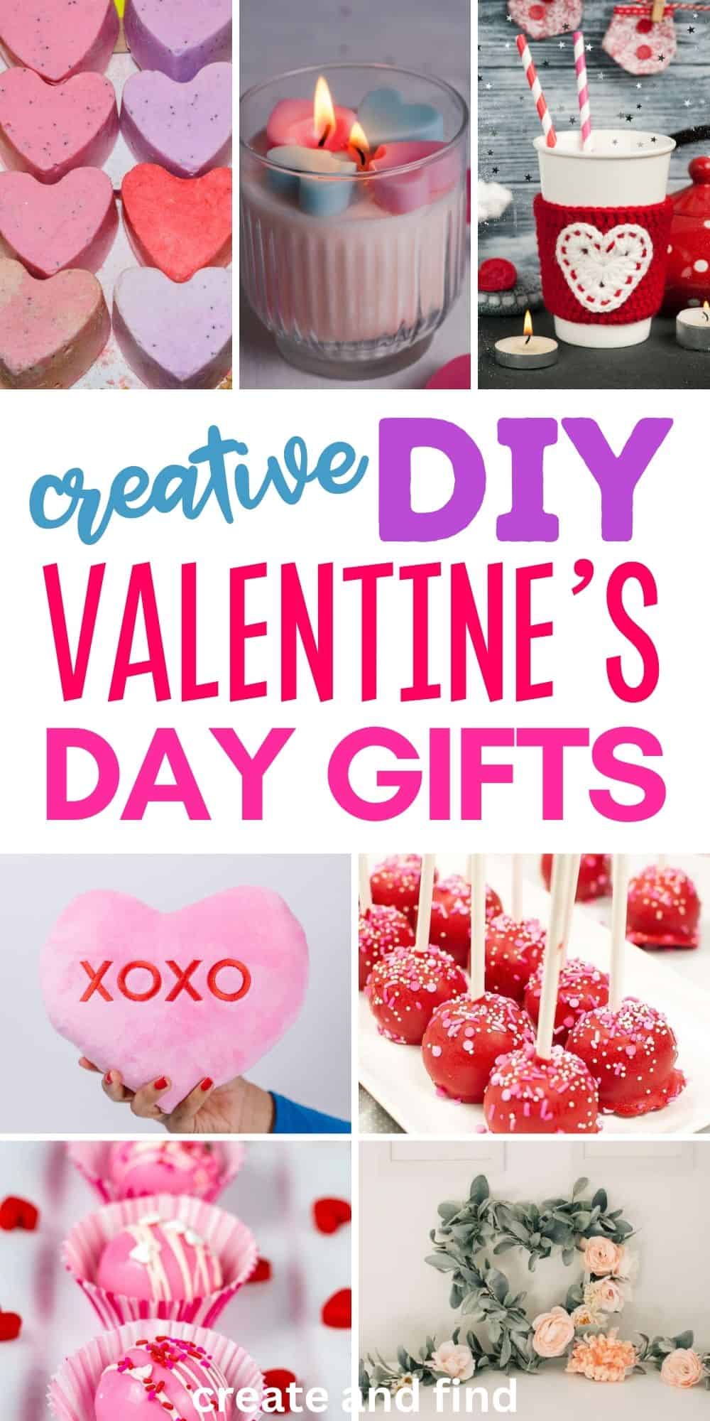 Pinterest graphic with text that reads "Creative DIY Valentine's Day Gifts" and a collage of DIY gifts.