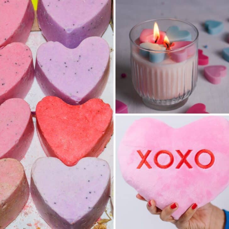 Collage of three DIY Valentine's Day gifts, including bath bombs, a candle, and a pillow.