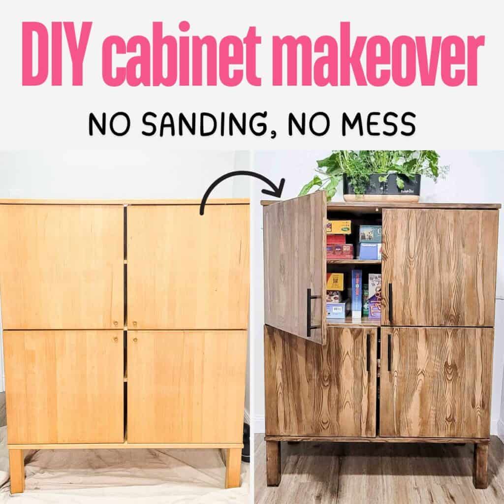 DIY Cabinet Makeover - Retique Image with text: DIY cabinet makeover - no sanding, no mess