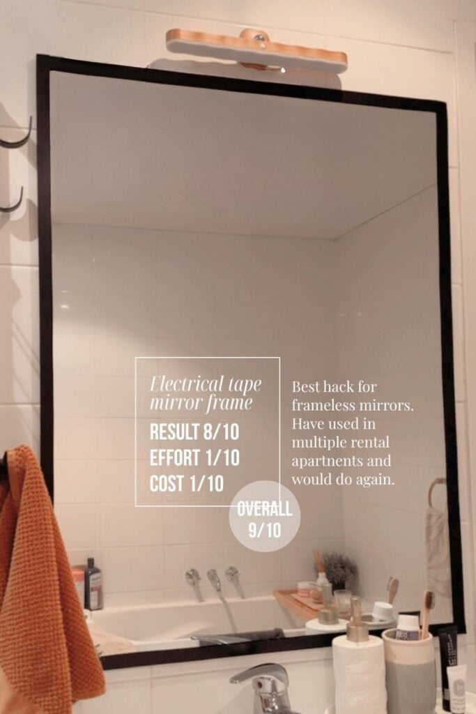 A bathroom mirror with electrical tape around the edges to create a faux frame.