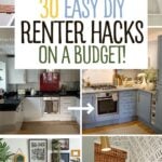 Pinterest graphic with text and a collage of renter friendly decor ideas, hacks, and upgrades.
