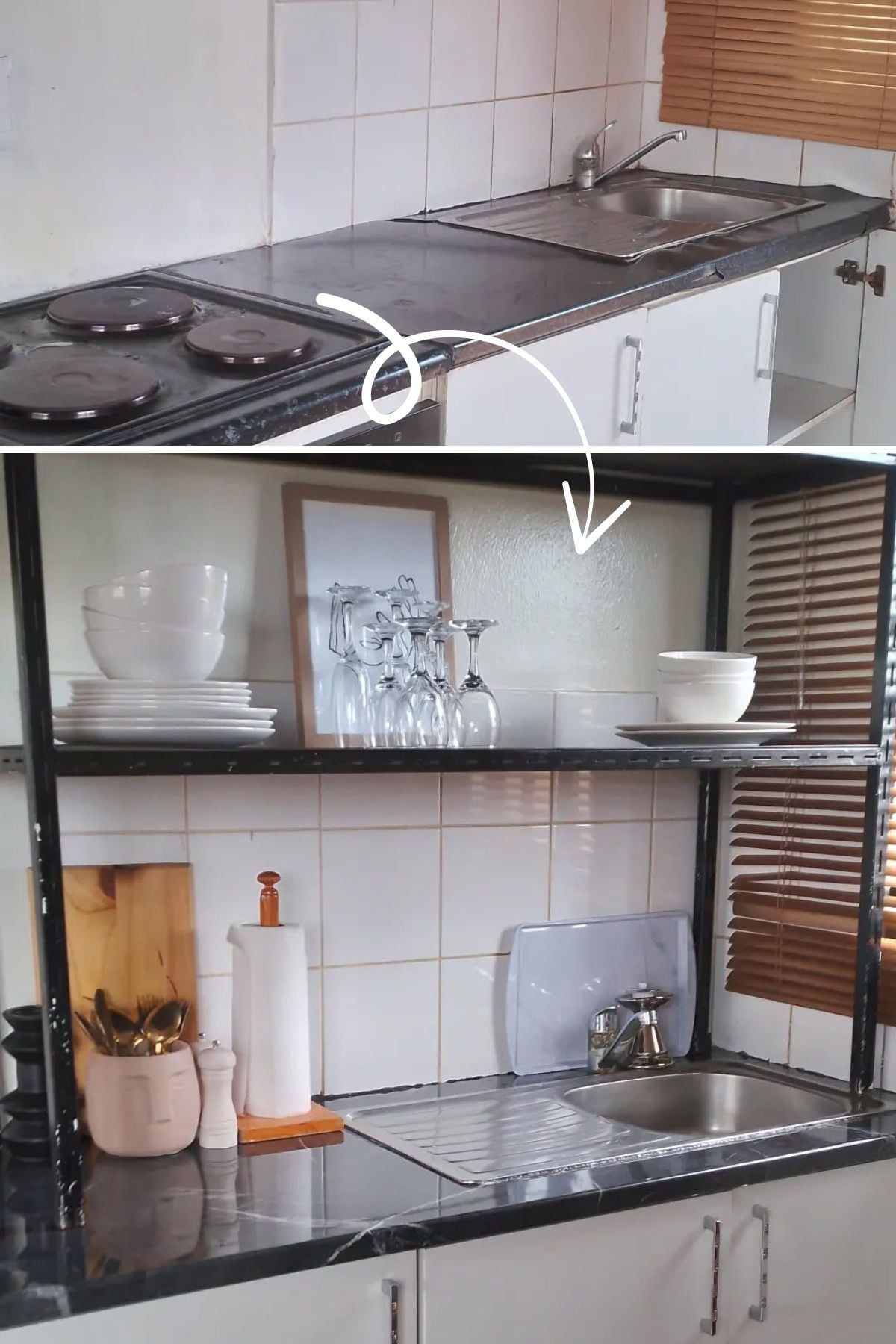 Before and after of a kitchen upgrade with shelves over a sink.