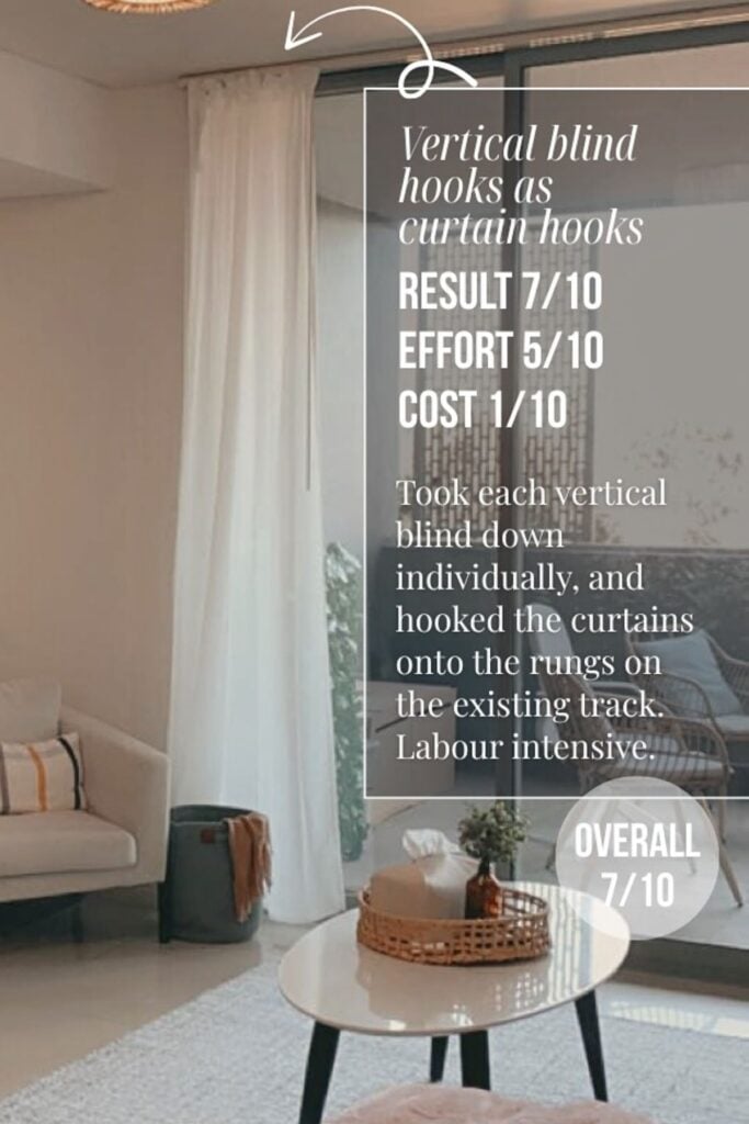 Text showing curtains hanging from a vertical blinds track.