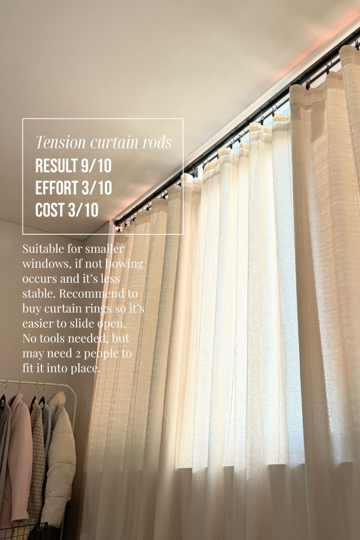 Text showing a tension rod used as a curtain rod in a living room window.