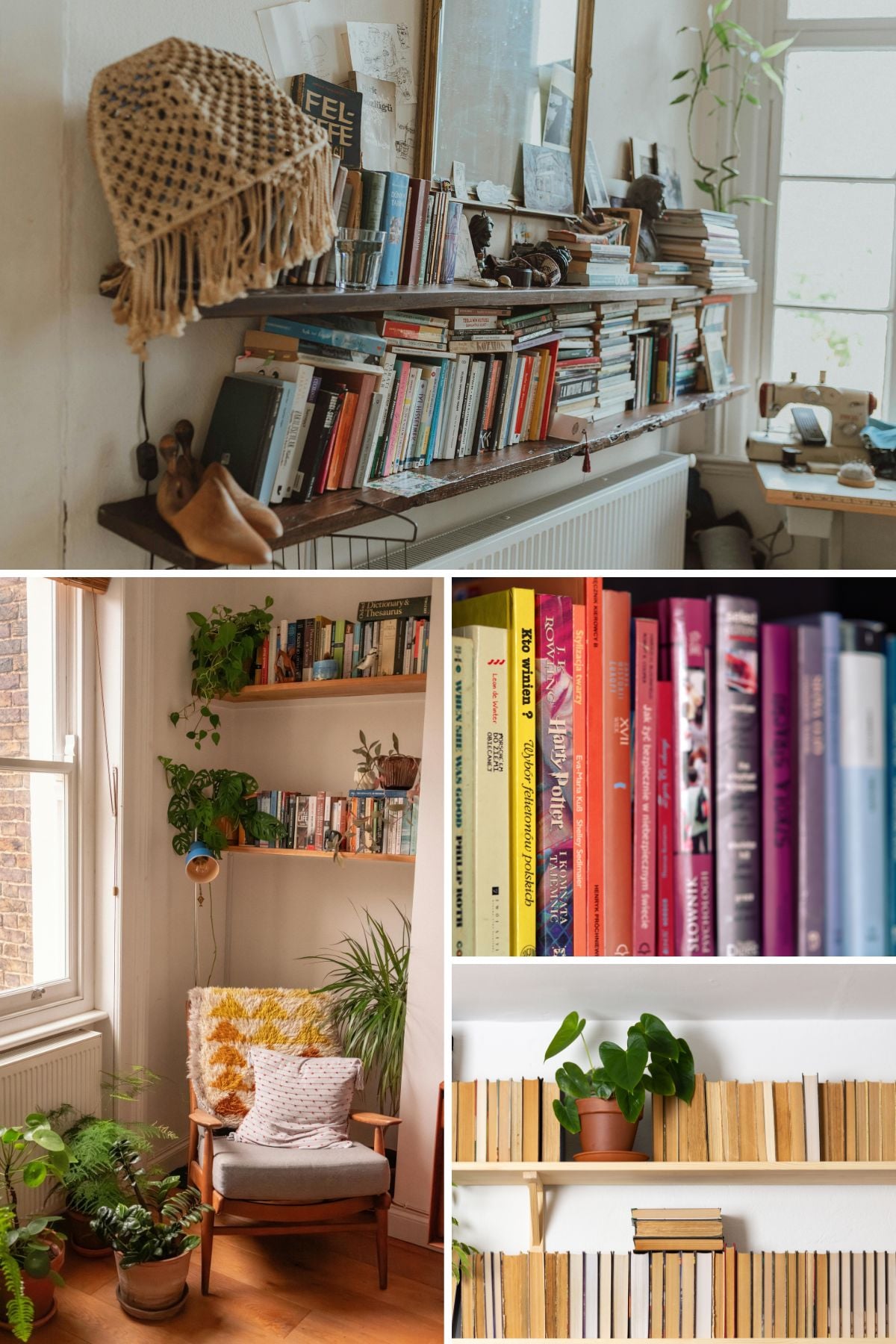 Collage showing differently styled bookshelves.