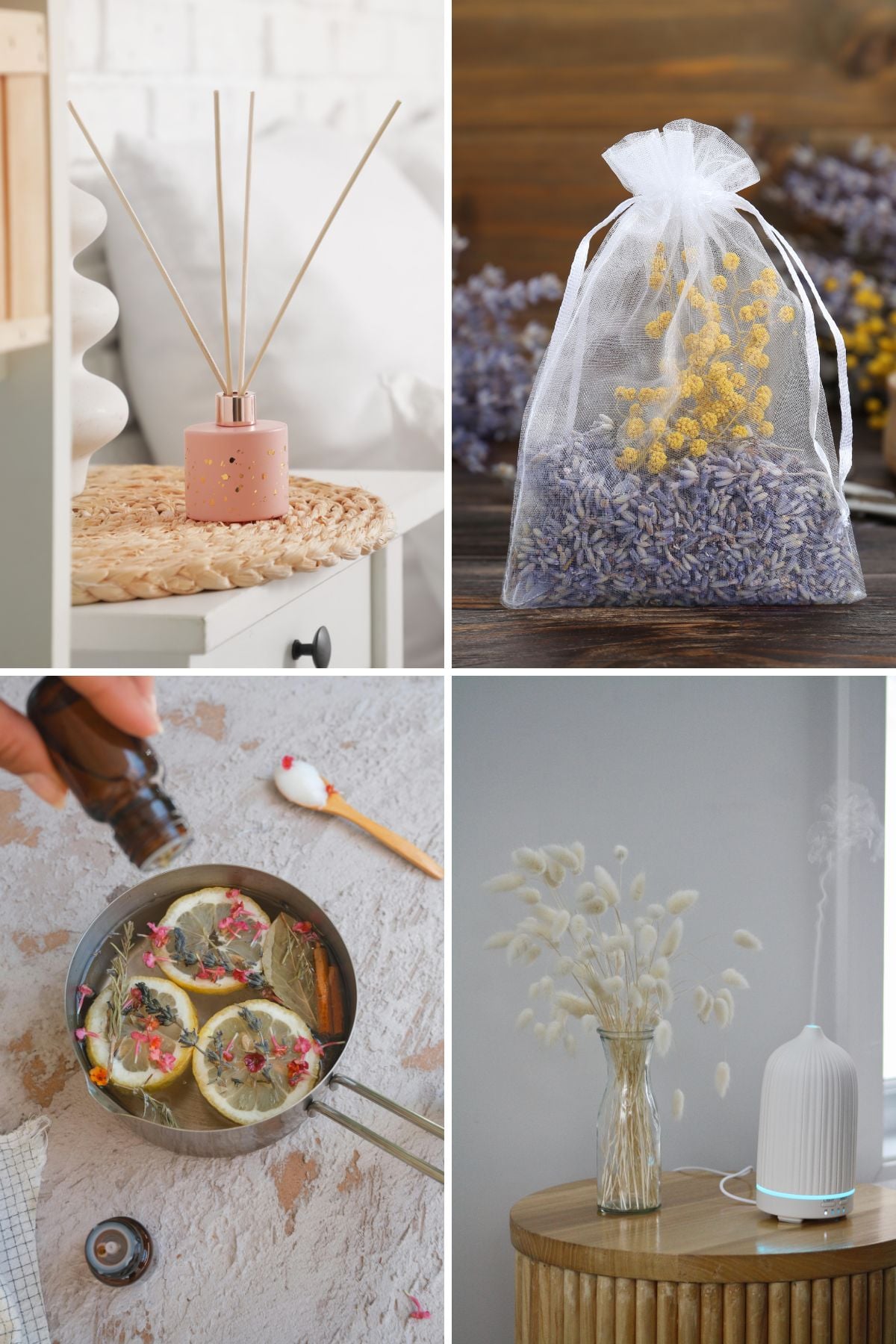 Collage of eco-friendly home fragrance options, including a simmer pot, herb sachet, and diffusers.