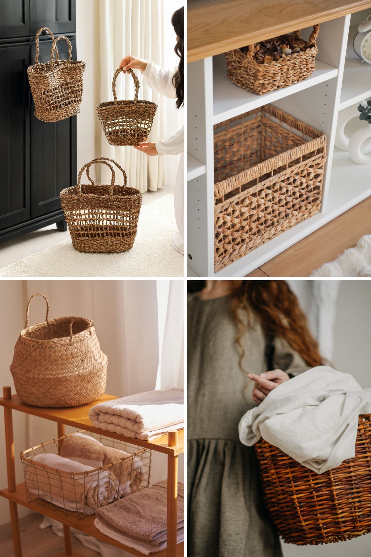 Collage showing wood and wicker baskets used as storage and decor in different homes.