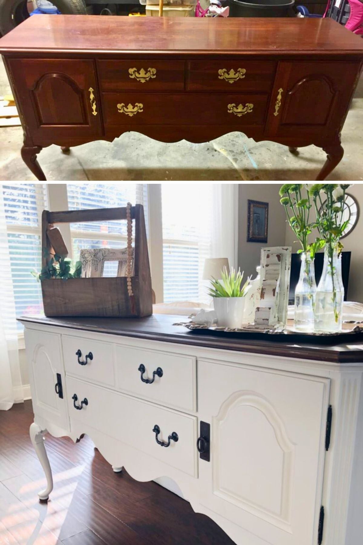 Image collage showing a before and after buffet makeover.