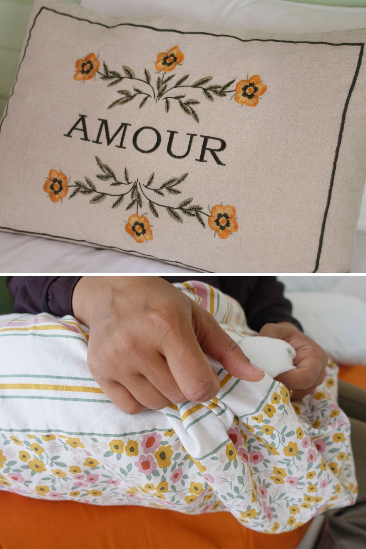 Collage showing vintage floral pillow cases.