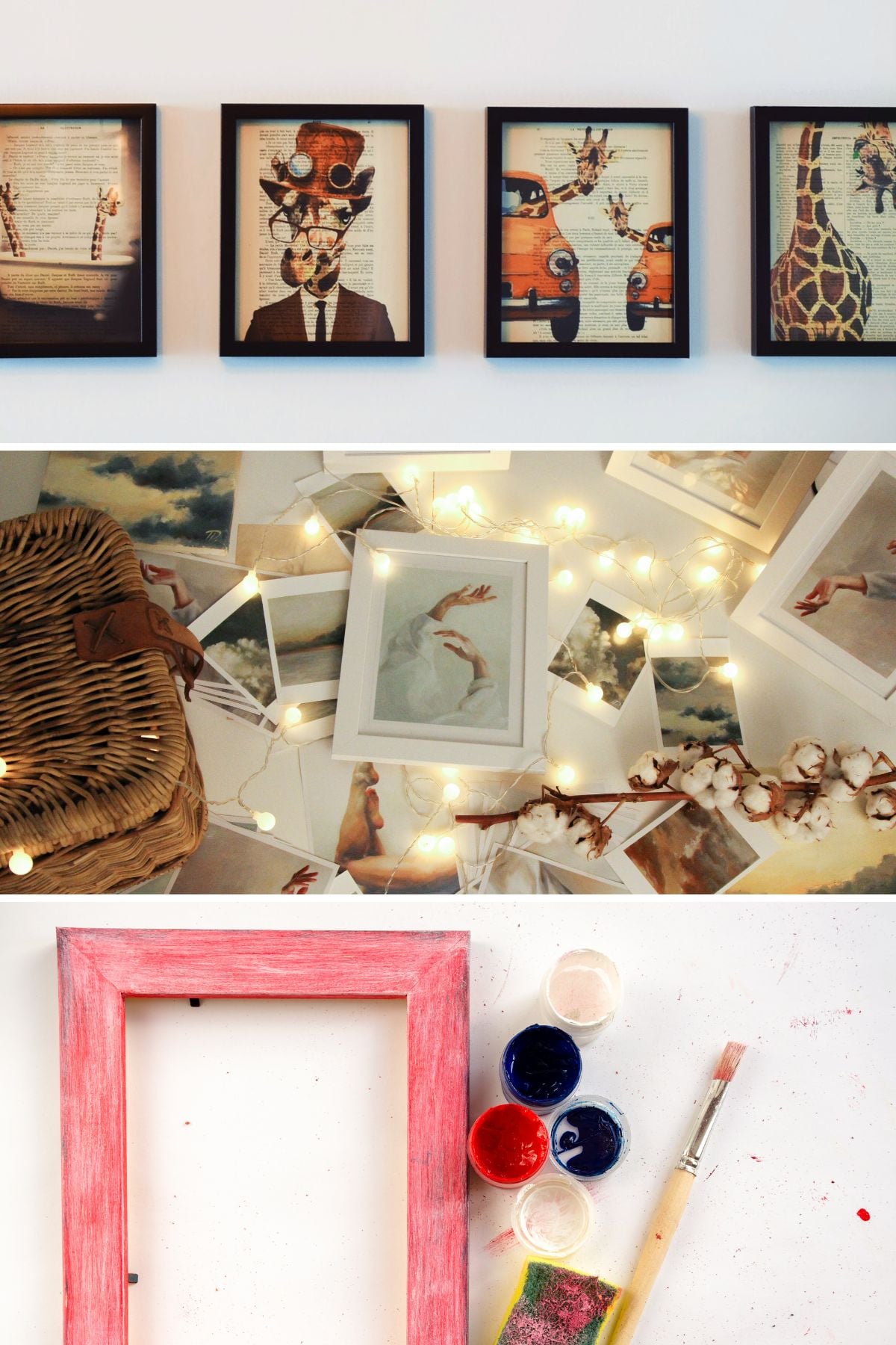 Collage showing repurposed and upcycled picture frame ideas.
