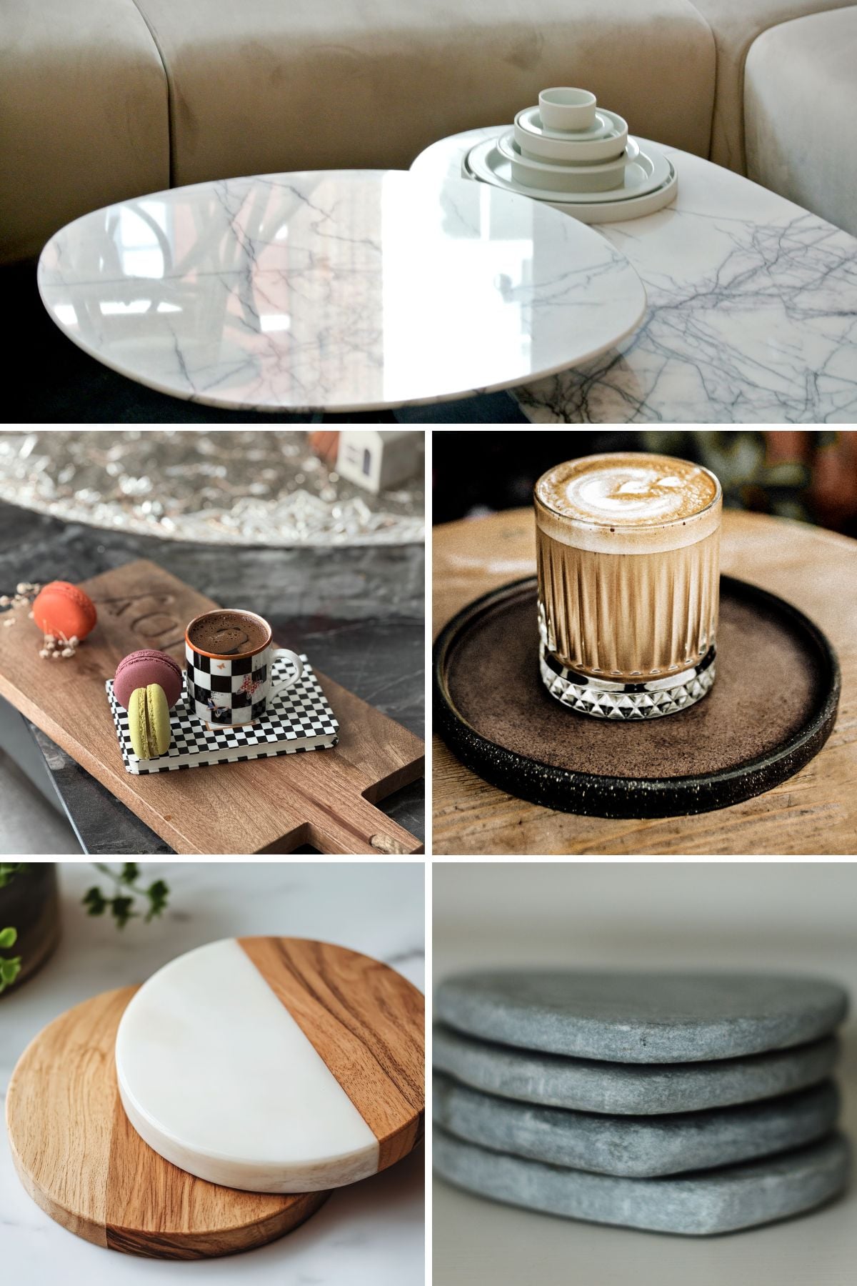 Collage showing eco-friendly table decor, including coasters and trays.