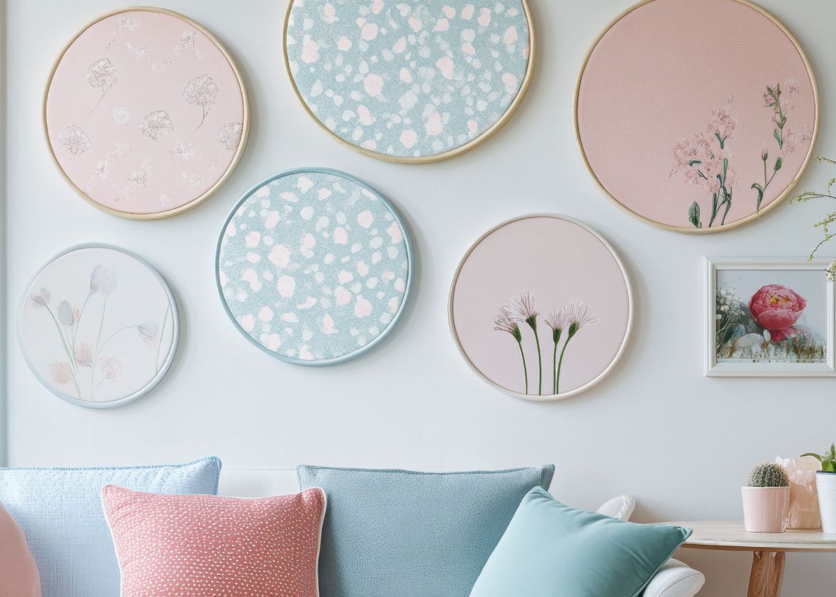 Embroidery hoop and patterned fabric wall art.