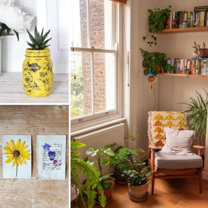 Collage of eco-friendly home decor hacks.