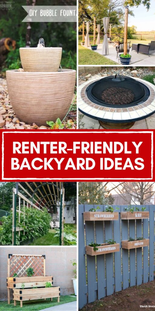 Pinterest graphic with text and a collage of renter-friendly backyard ideas.